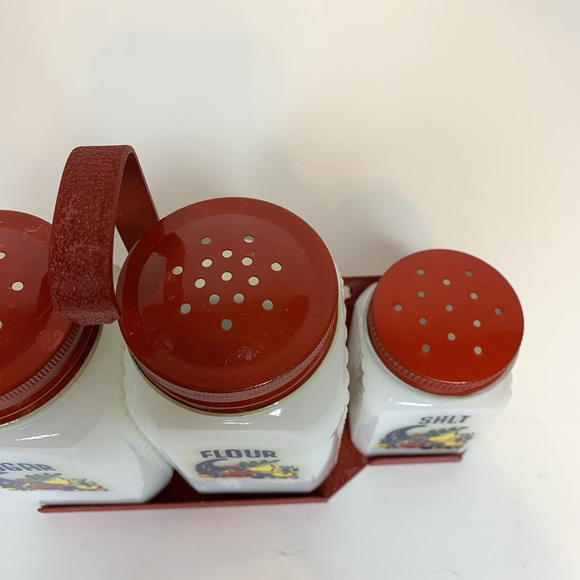 McKee Tipp City Cornucopia Milk Glass Shaker Lot Salt Pepper Flour Sugar Rack - Picture 7 of 9